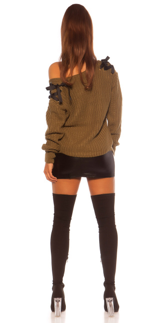 Trendy v-hals gebreide sweater-trui met lus khaki